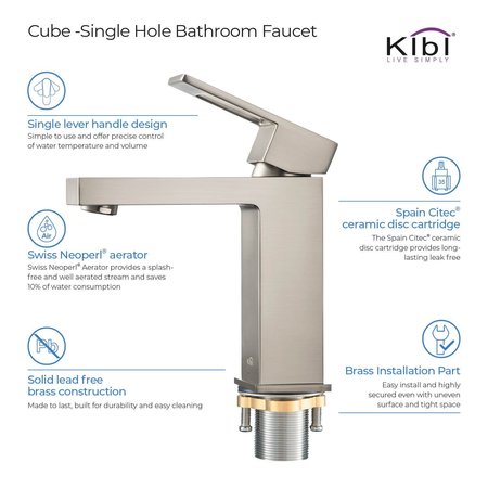 Kibi Cubic Single Handle Bathroom Vanity Sink Faucet with Pop Up Drain C-KBF1002BN-KPW100BN